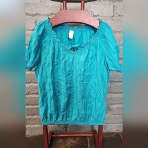 Teal Embroidered Women's Boho Peasant Top 2-3xl